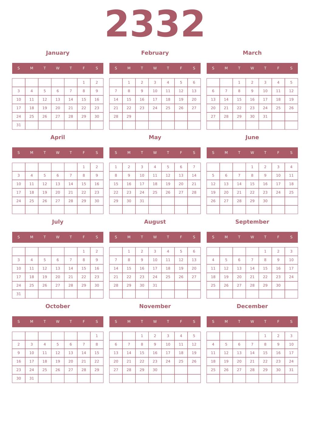 Printable 2332 Year Calendars puce