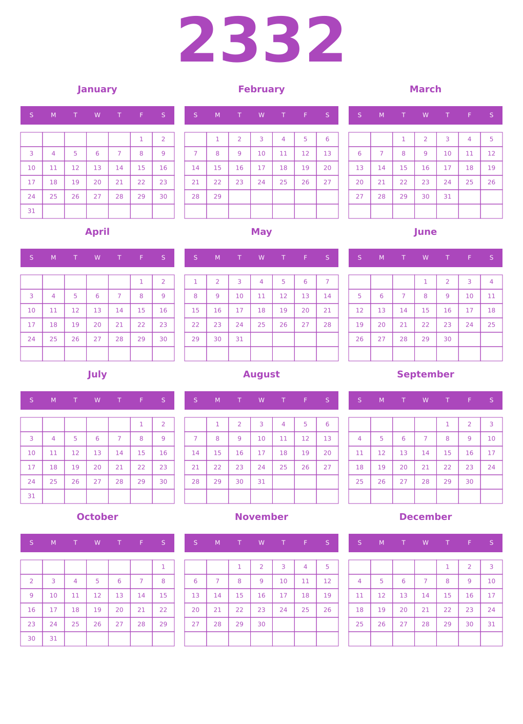 Printable 2332 Year Calendars purple