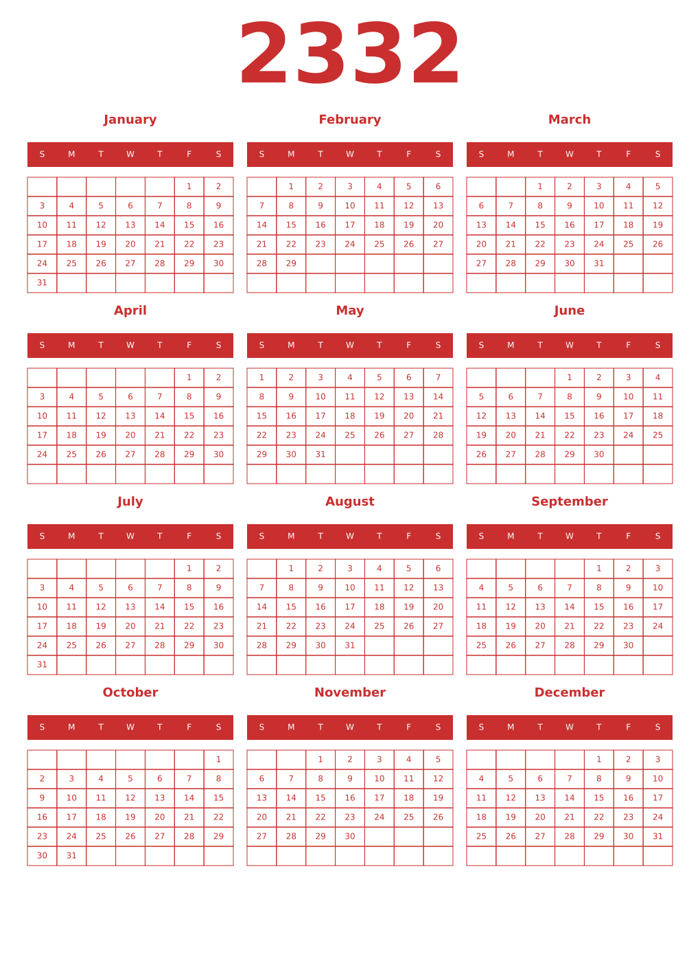 Printable 2332 Year Calendars red