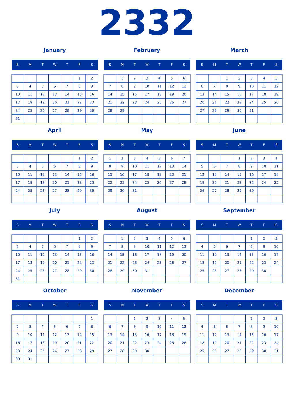 Printable 2332 Year Calendars smalt