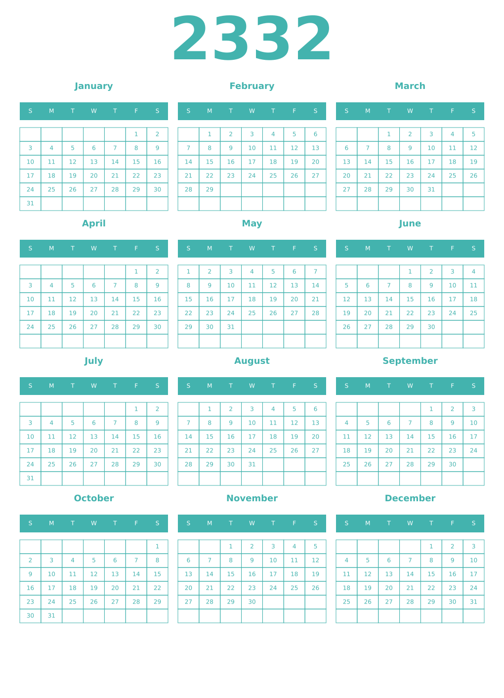 Printable 2332 Year Calendars verdigris