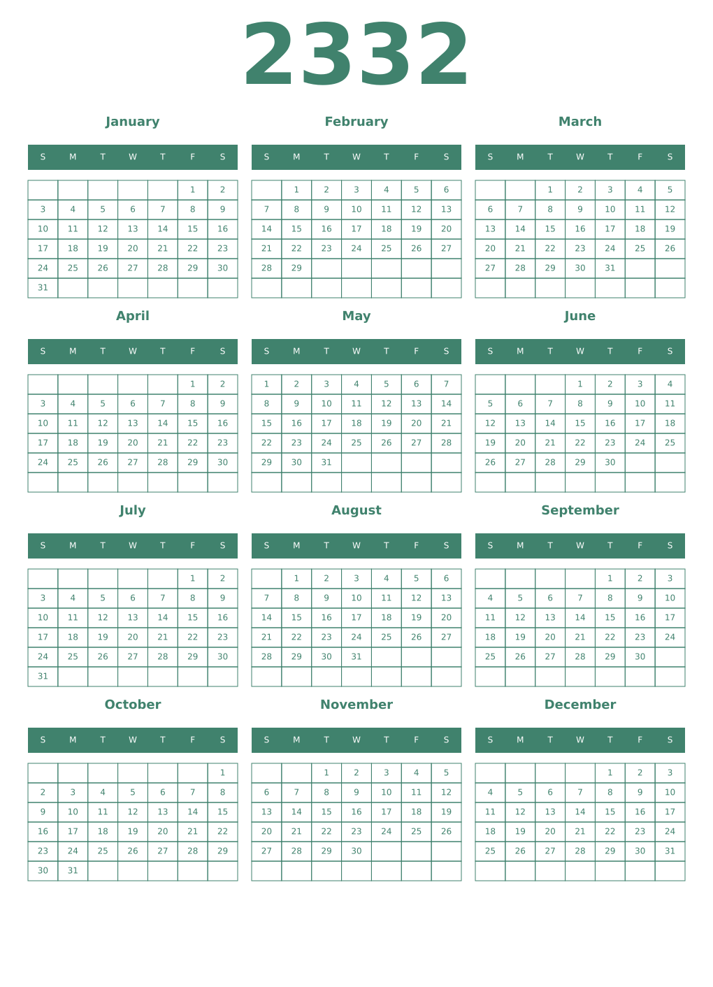 Printable 2332 Year Calendars viridian