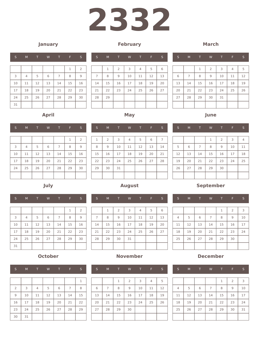 Printable 2332 Year Calendars wenge