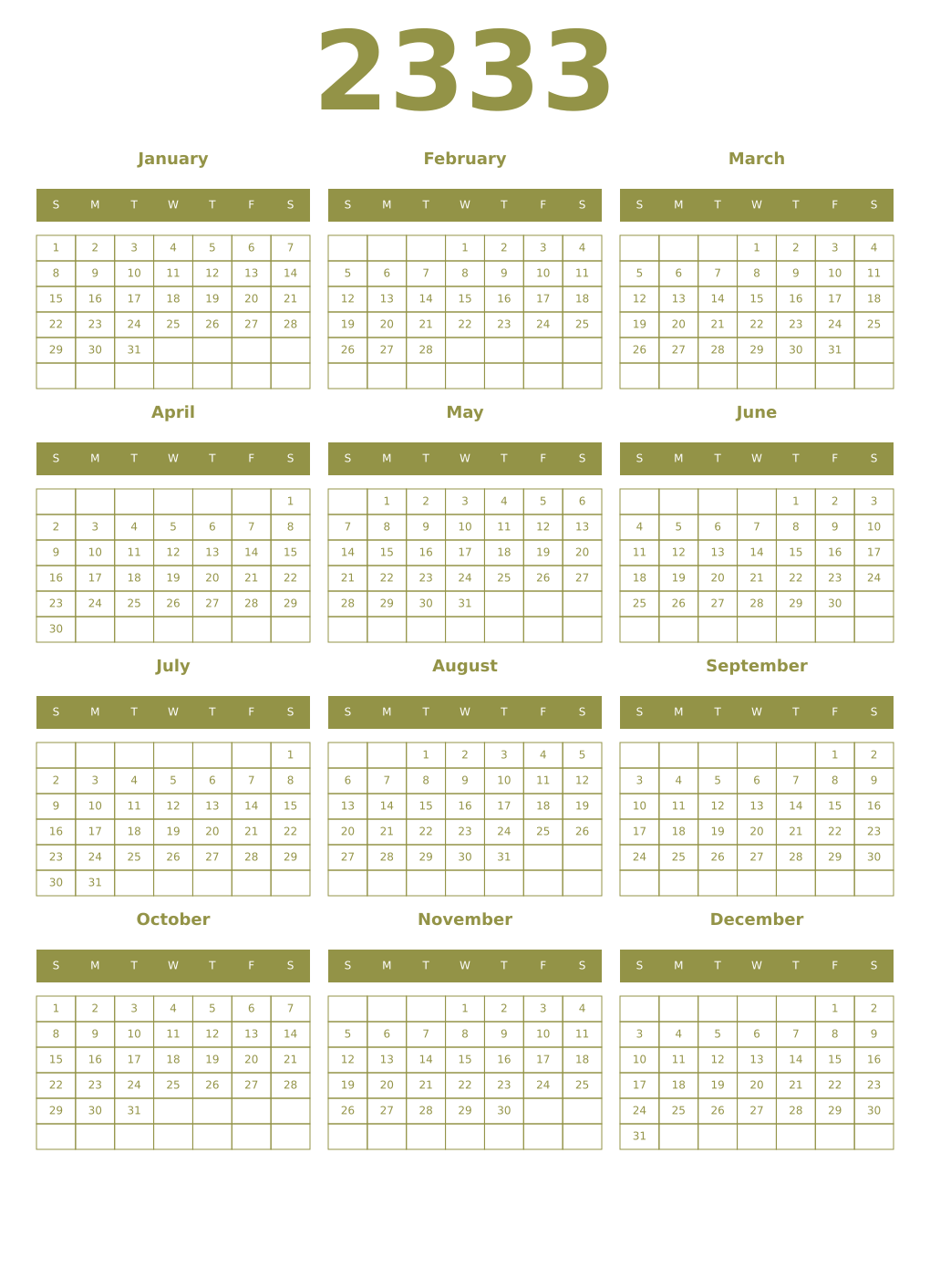 Printable 2333 Year Calendars eburnean