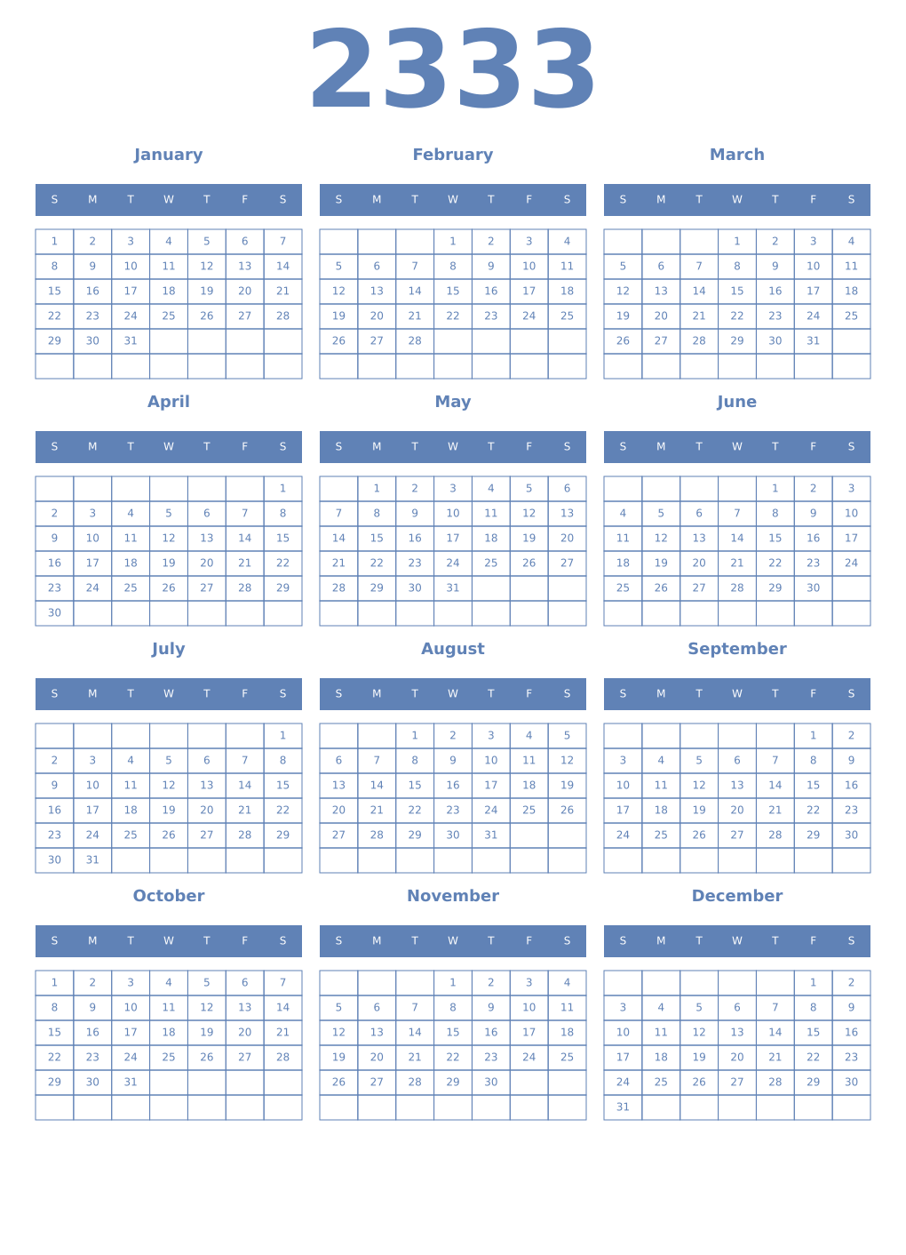 Printable 2333 Year Calendars glaucous
