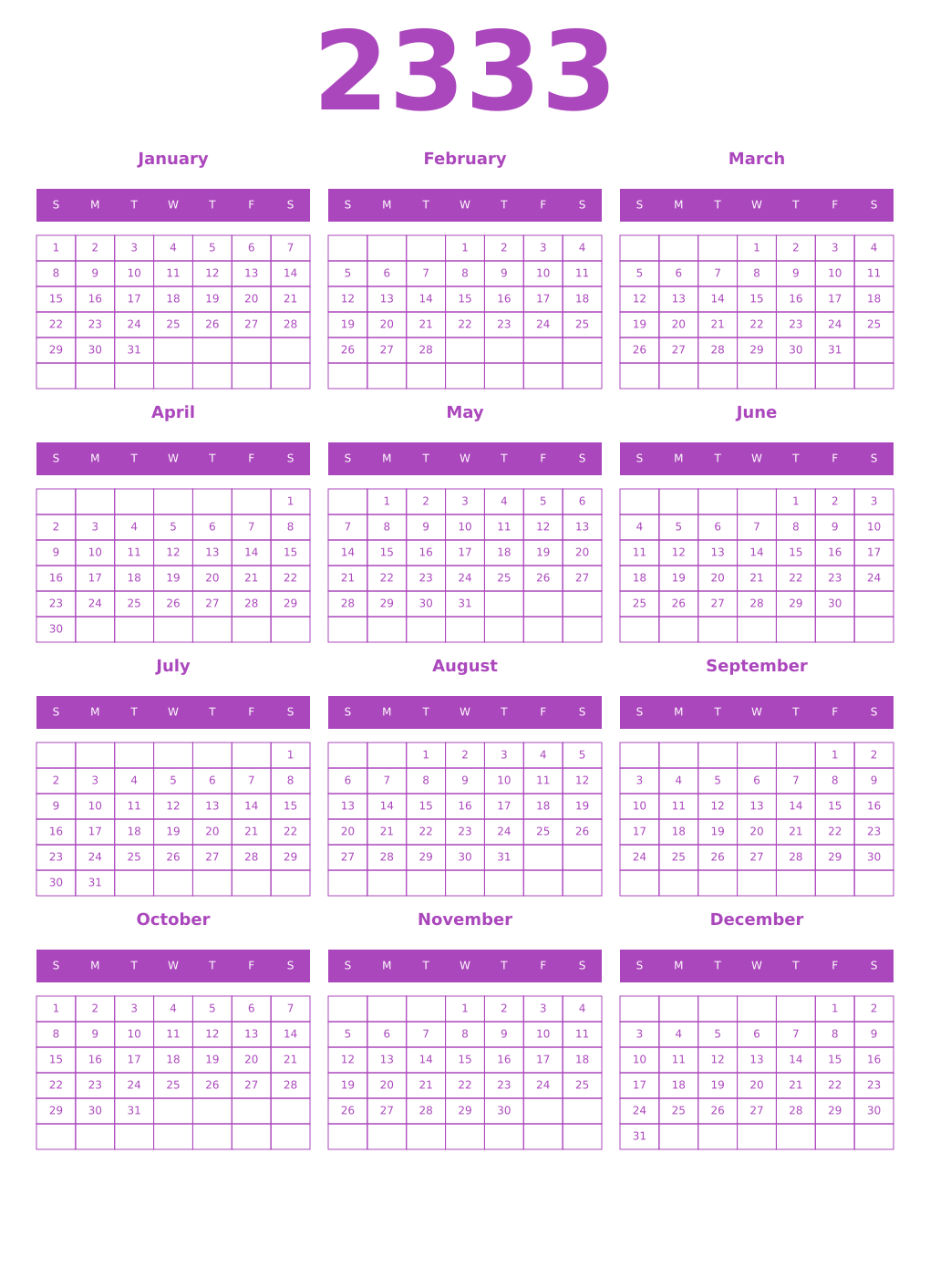 Printable 2333 Year Calendars purple