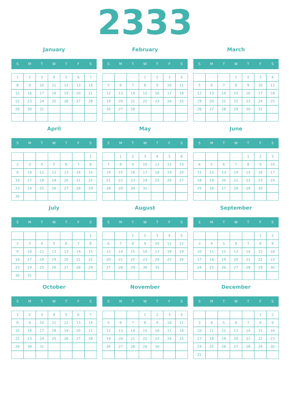 Printable 2333 Year Calendars verdigris