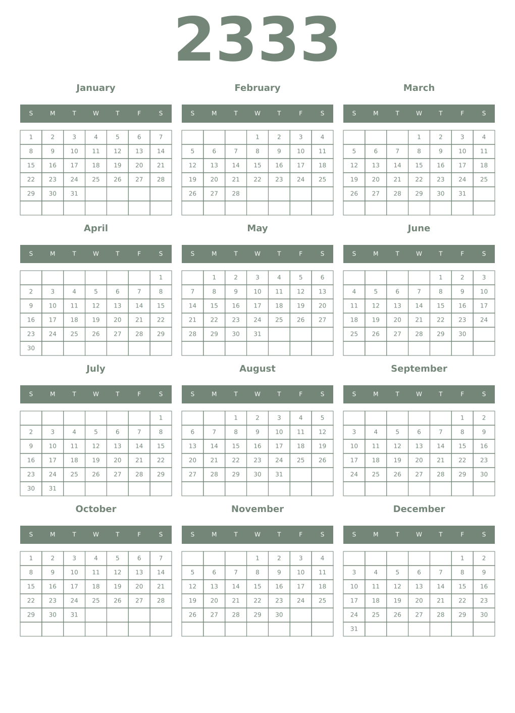 Printable 2333 Year Calendars xanadu