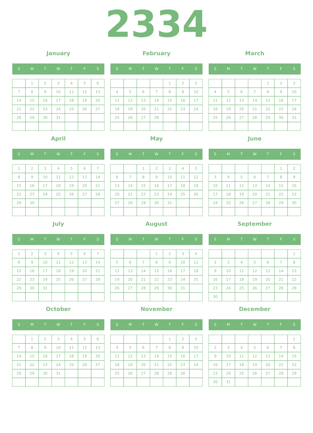 Printable 2334 Year Calendars celadon