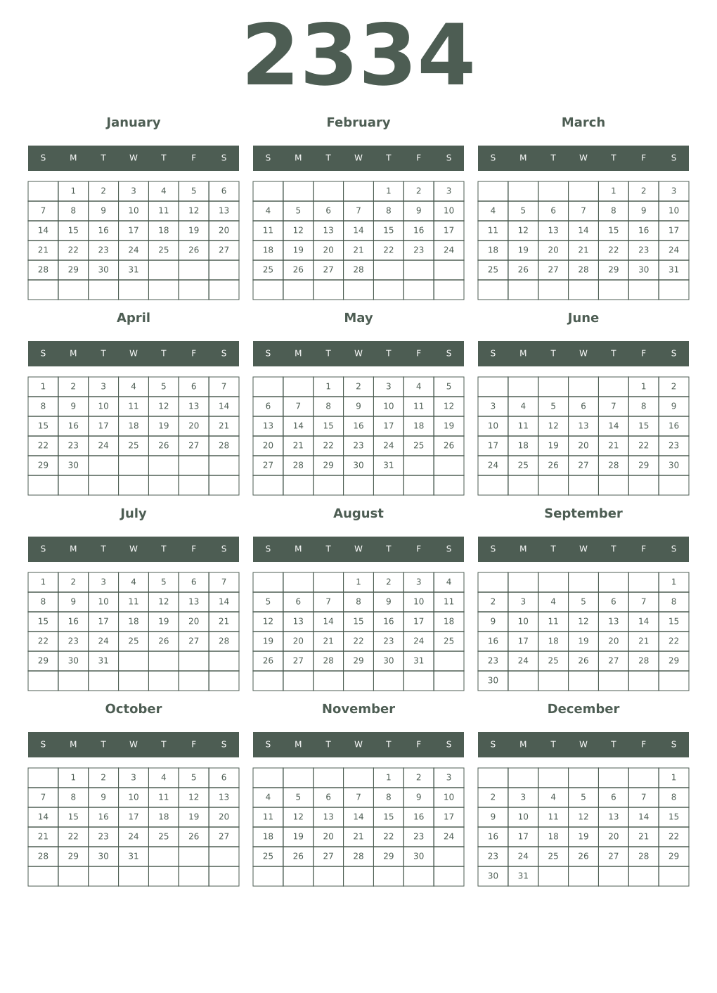 Printable 2334 Year Calendars feldgrau