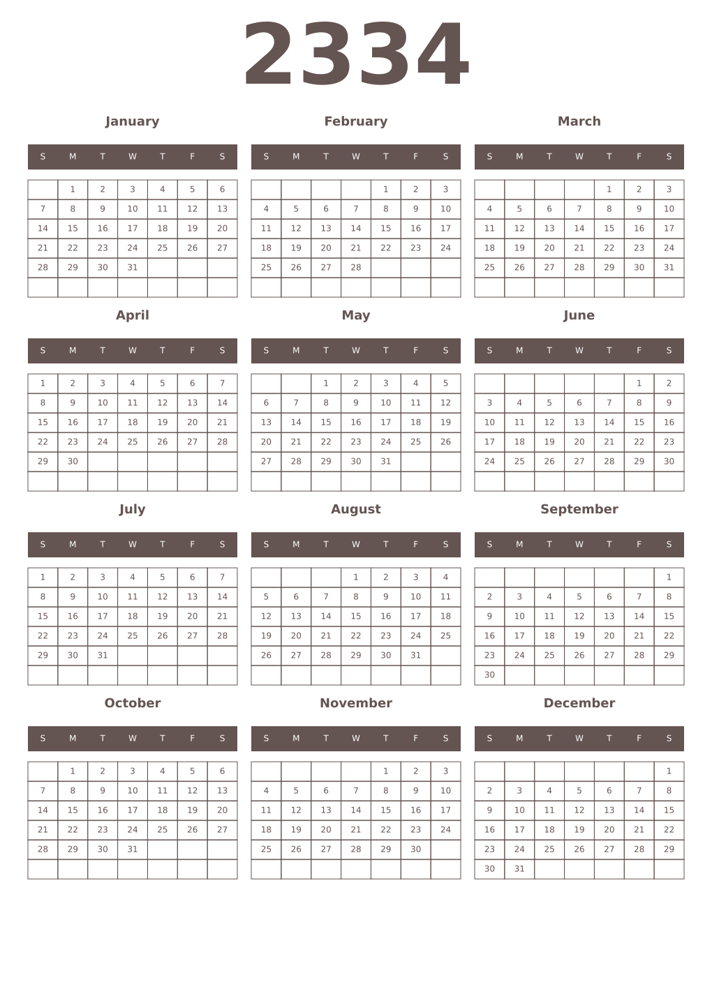 Printable 2334 Year Calendars wenge