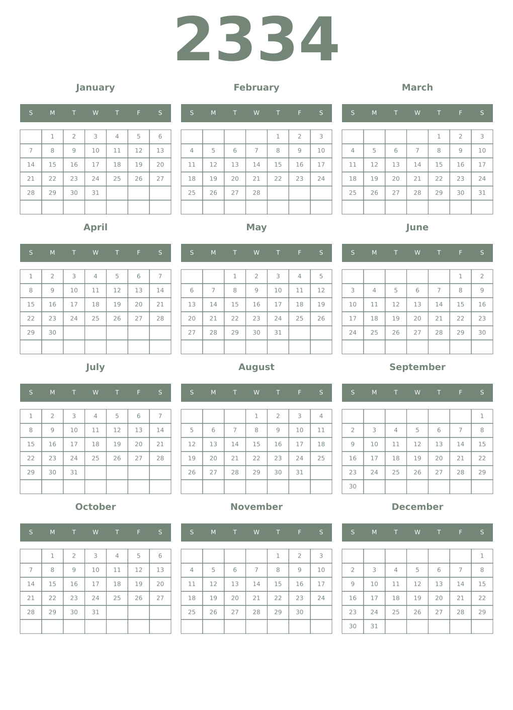 Printable 2334 Year Calendars xanadu