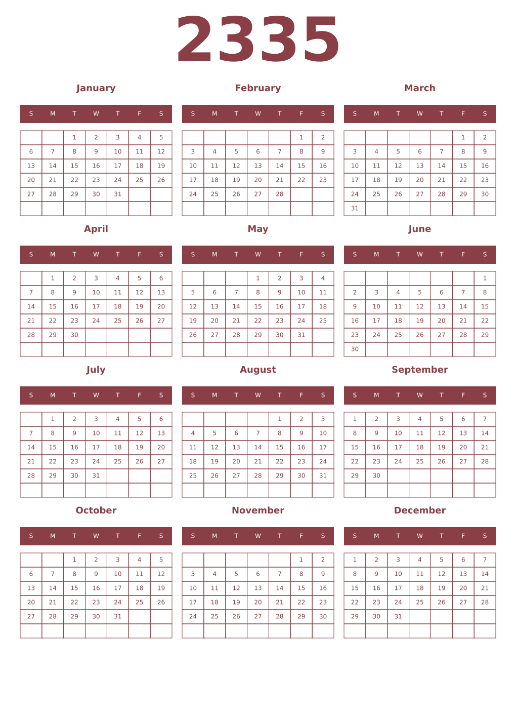 Printable 2335 Year Calendars cordovan