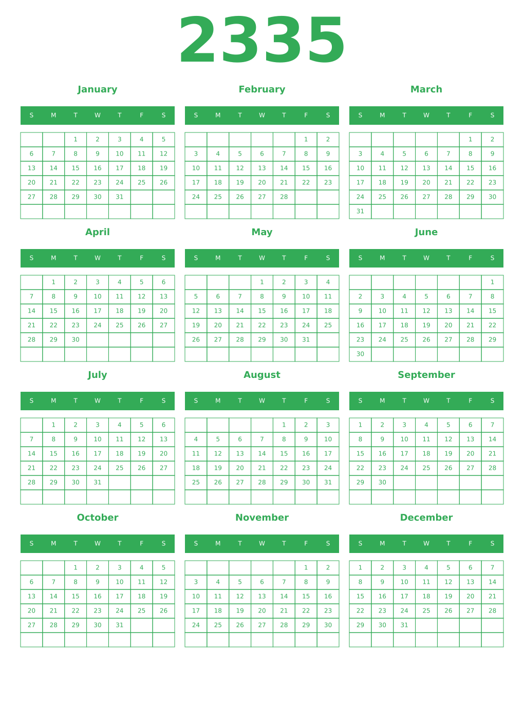 Printable 2335 Year Calendars green