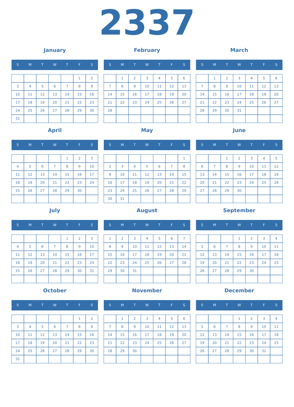 Printable 2337 Year Calendars blue