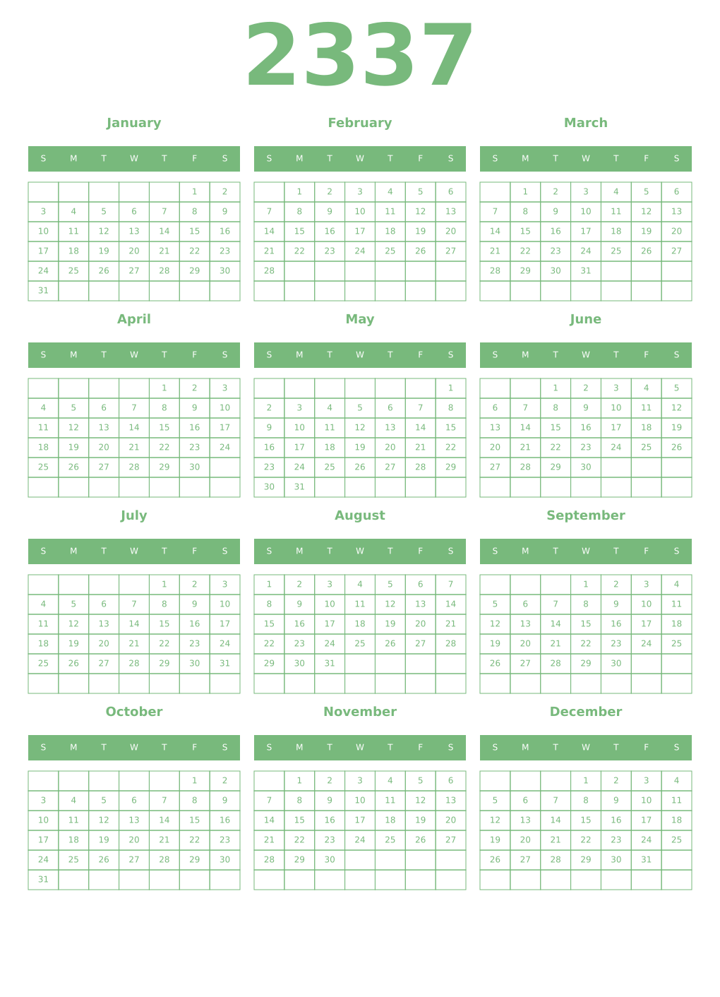 Printable 2337 Year Calendars celadon