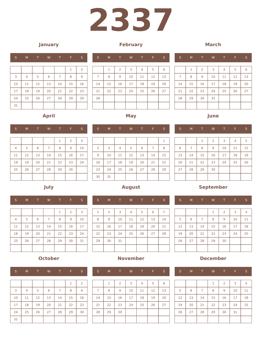 Printable 2337 Year Calendars coffe
