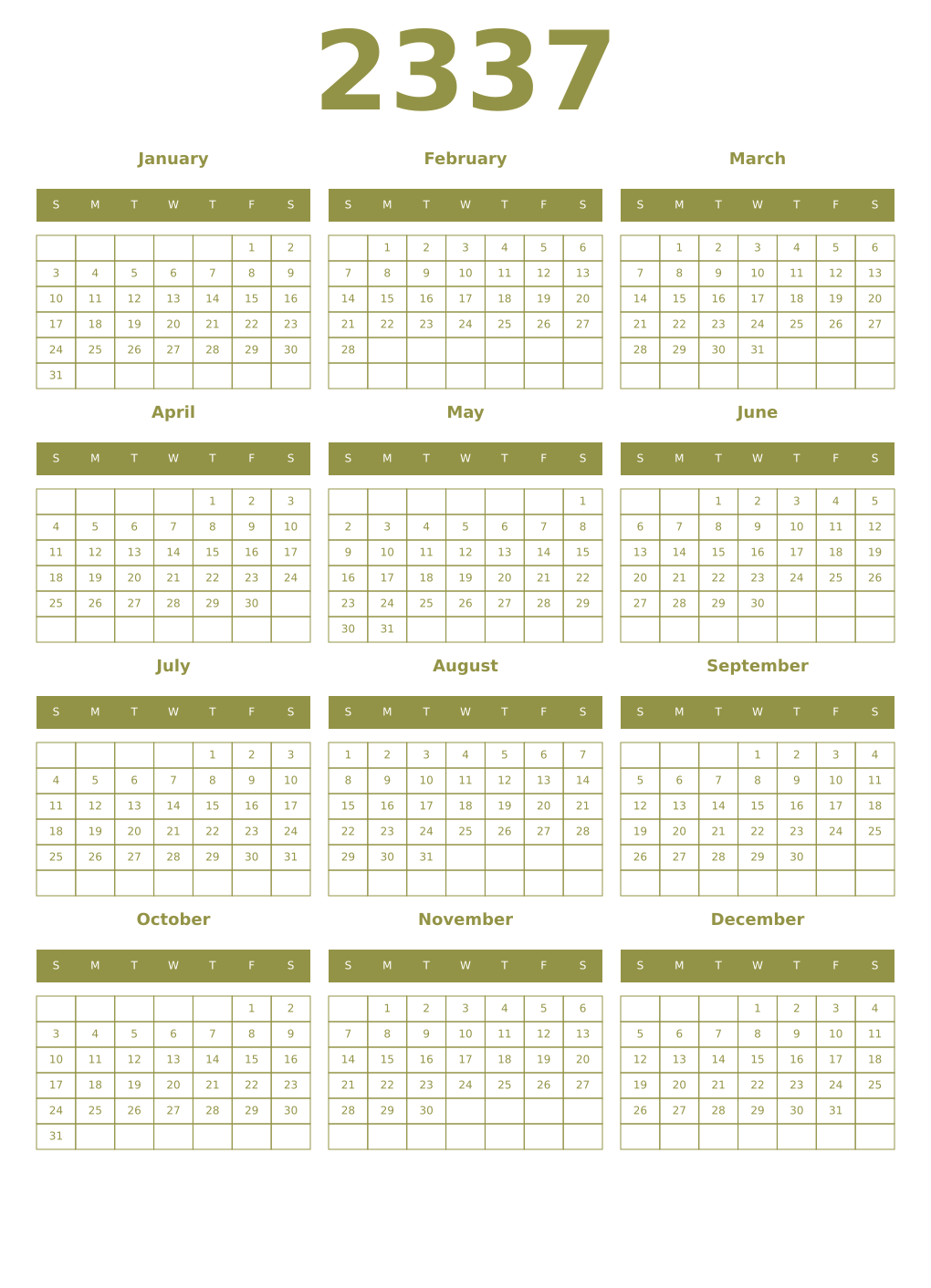 Printable 2337 Year Calendars eburnean