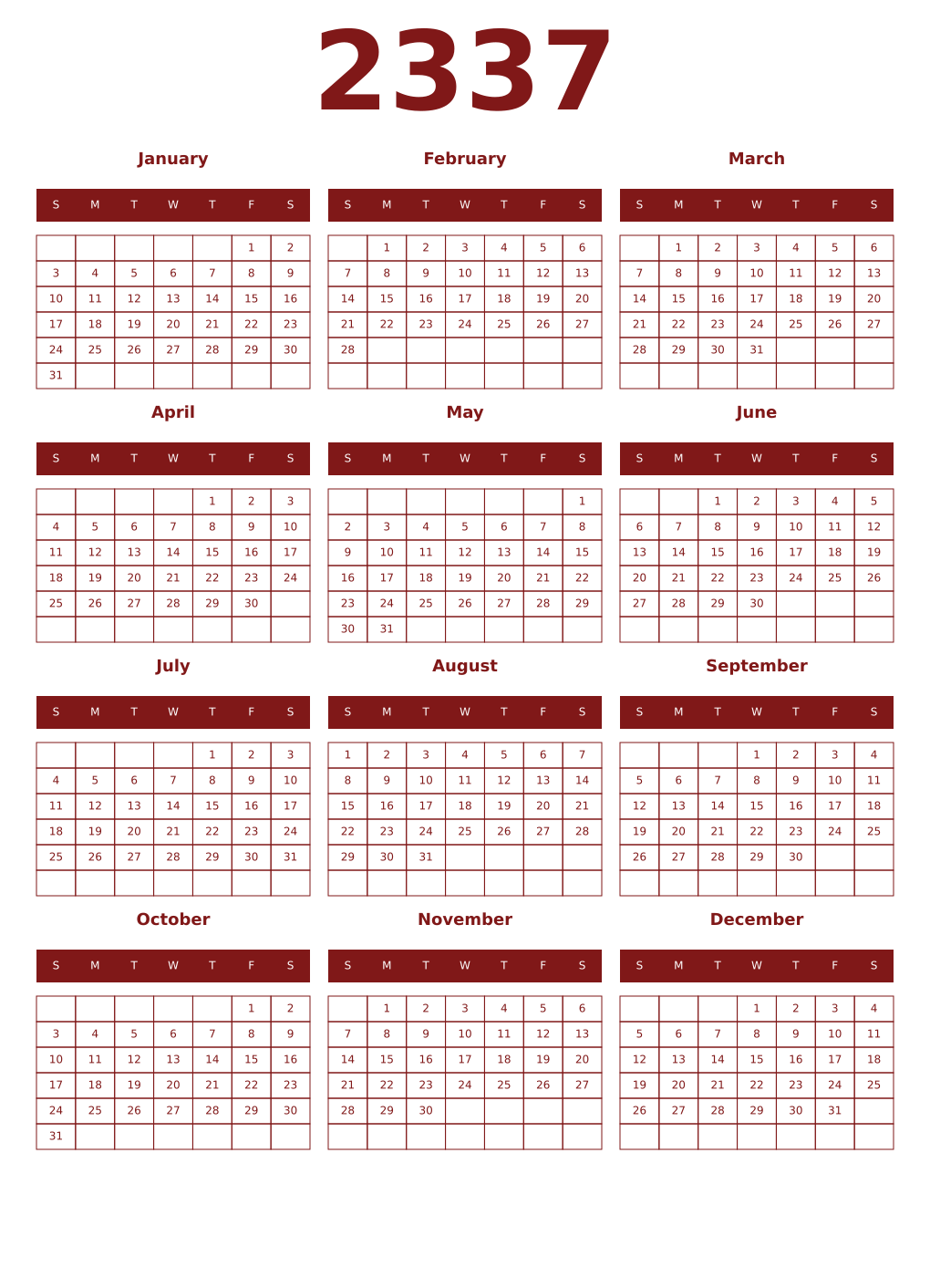 Printable 2337 Year Calendars falu