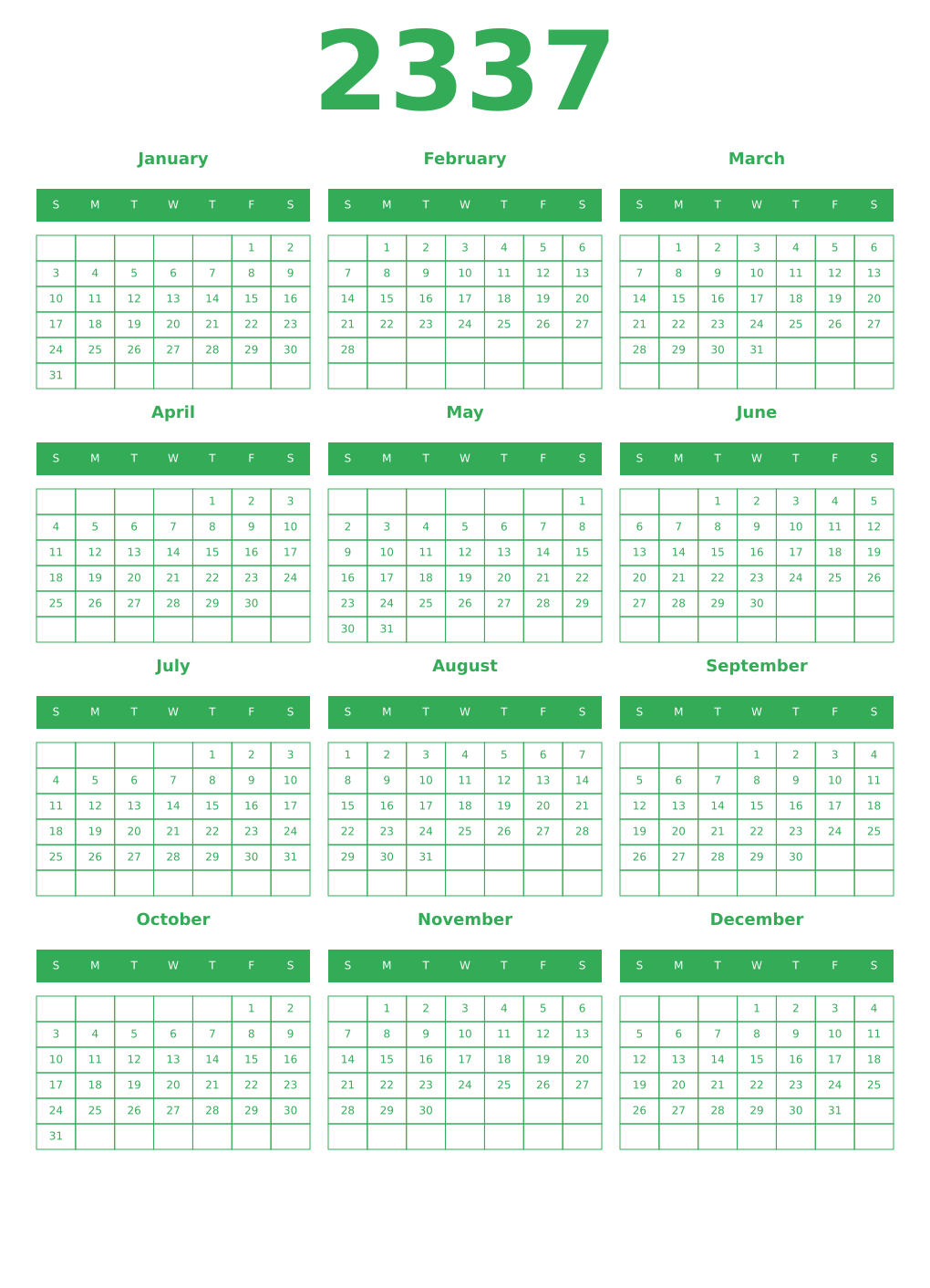 Printable 2337 Year Calendars green