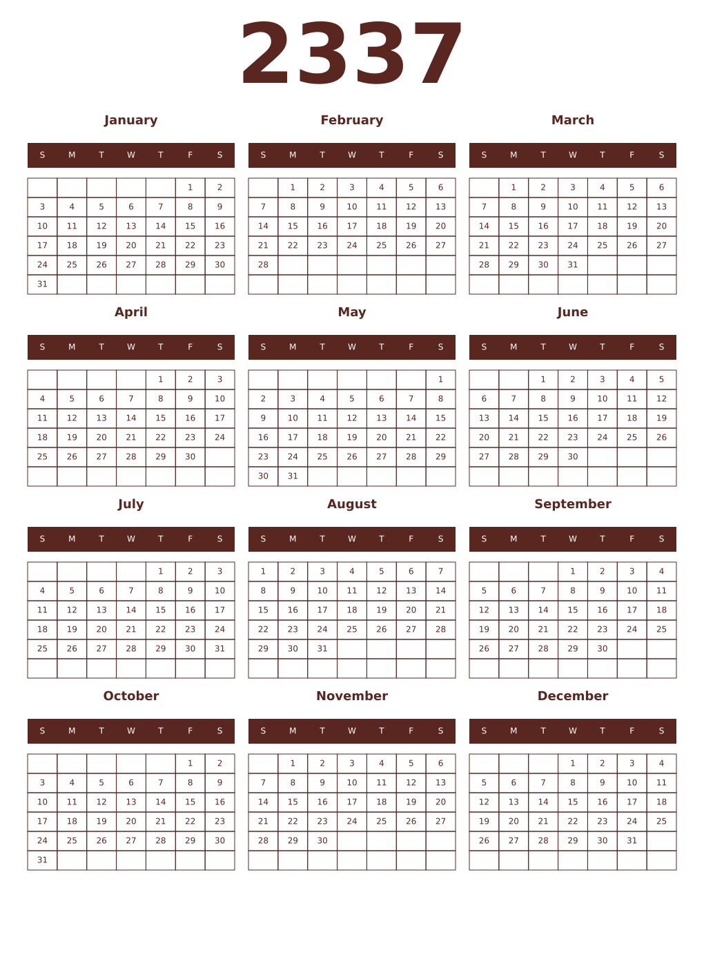 Printable 2337 Year Calendars mortuum