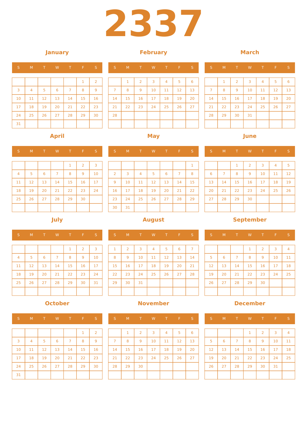 Printable 2337 Year Calendars orange