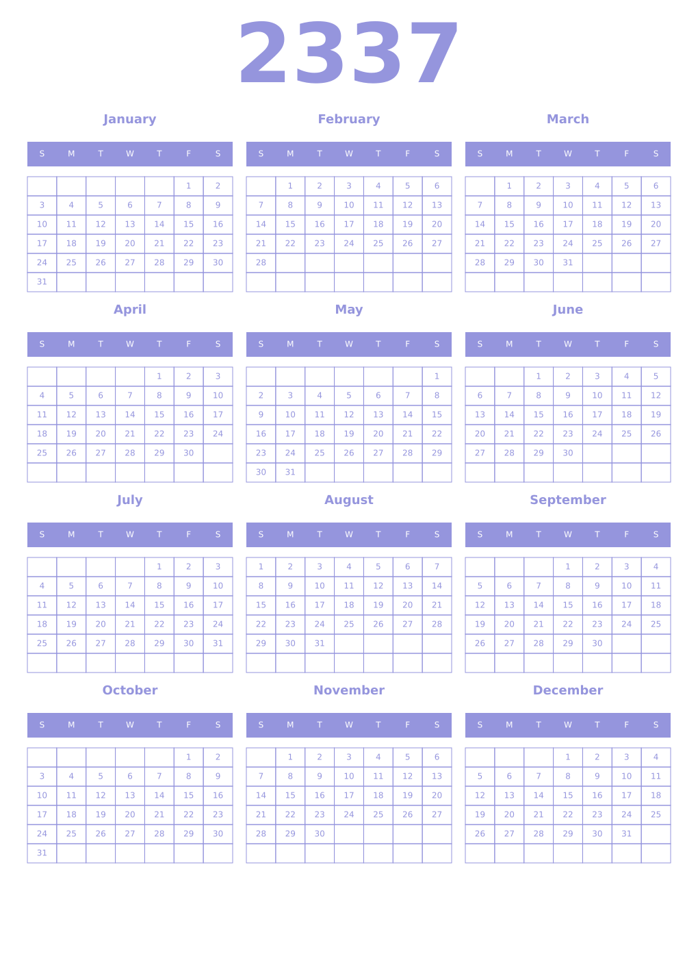 Printable 2337 Year Calendars periwinkle