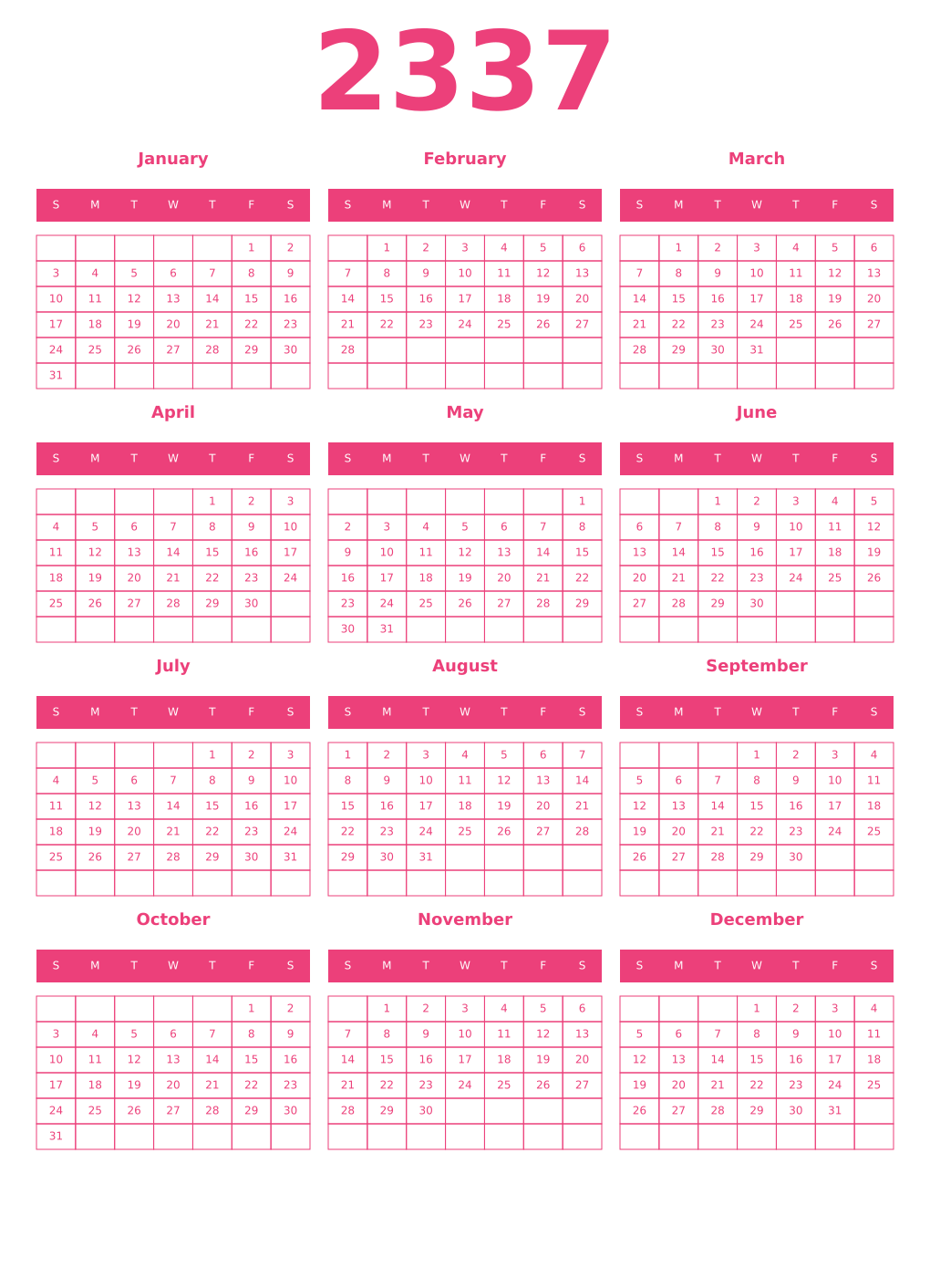 Printable 2337 Year Calendars pink