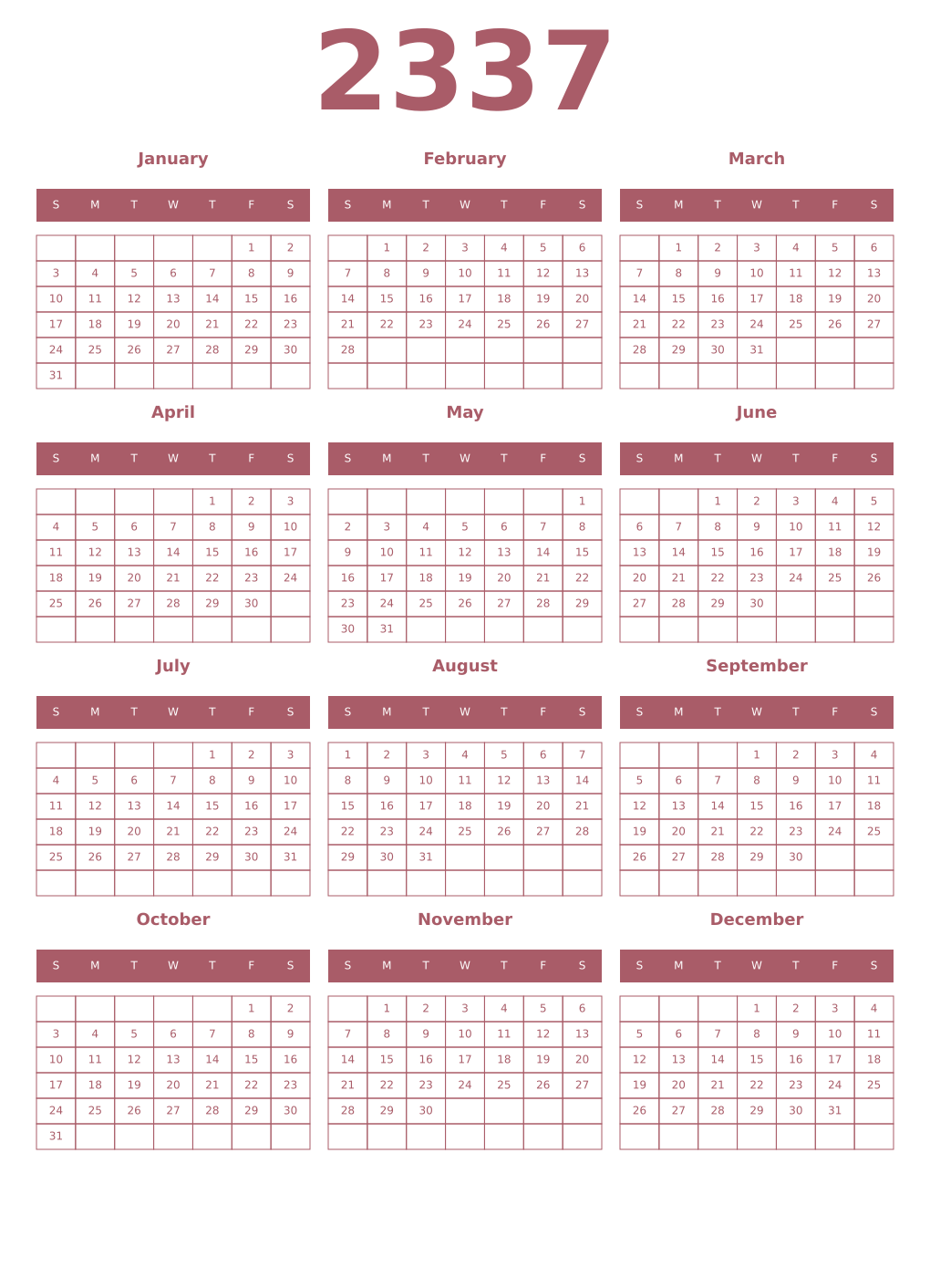 Printable 2337 Year Calendars puce