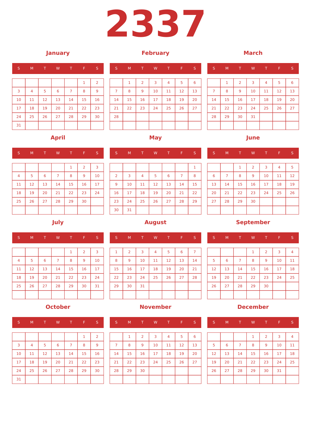 Printable 2337 Year Calendars red