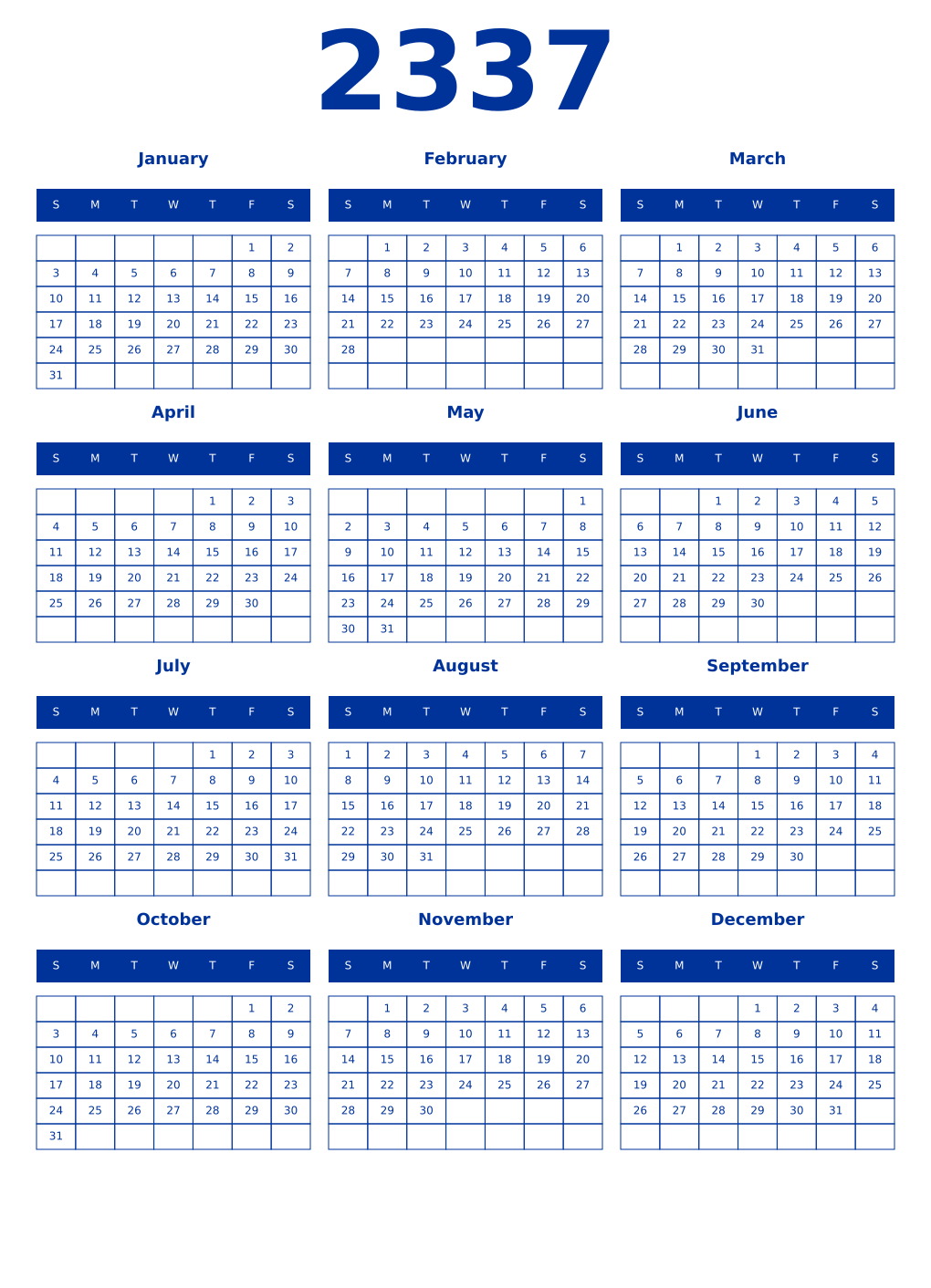 Printable 2337 Year Calendars smalt