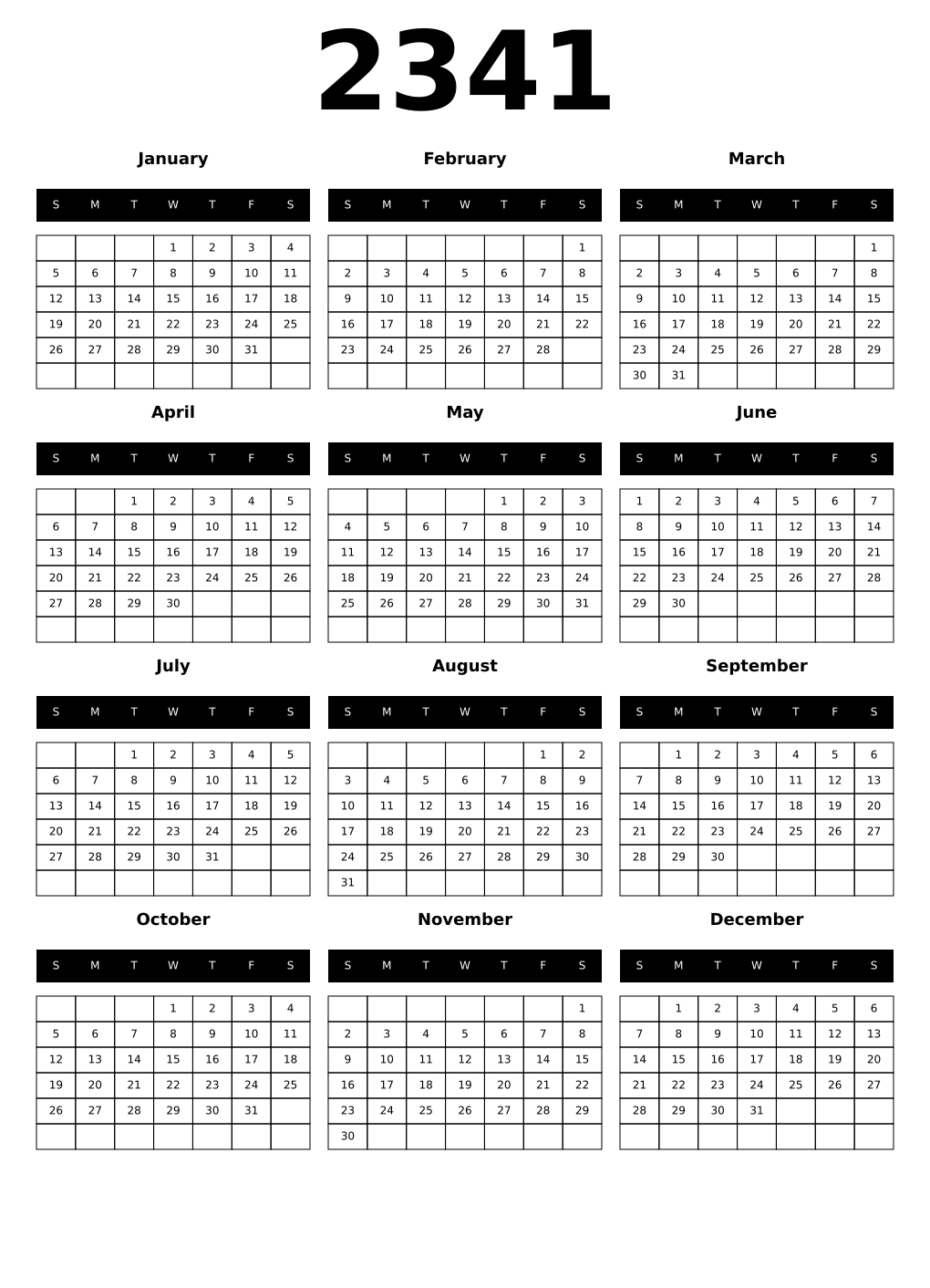 Printable 2341 Year Calendars black