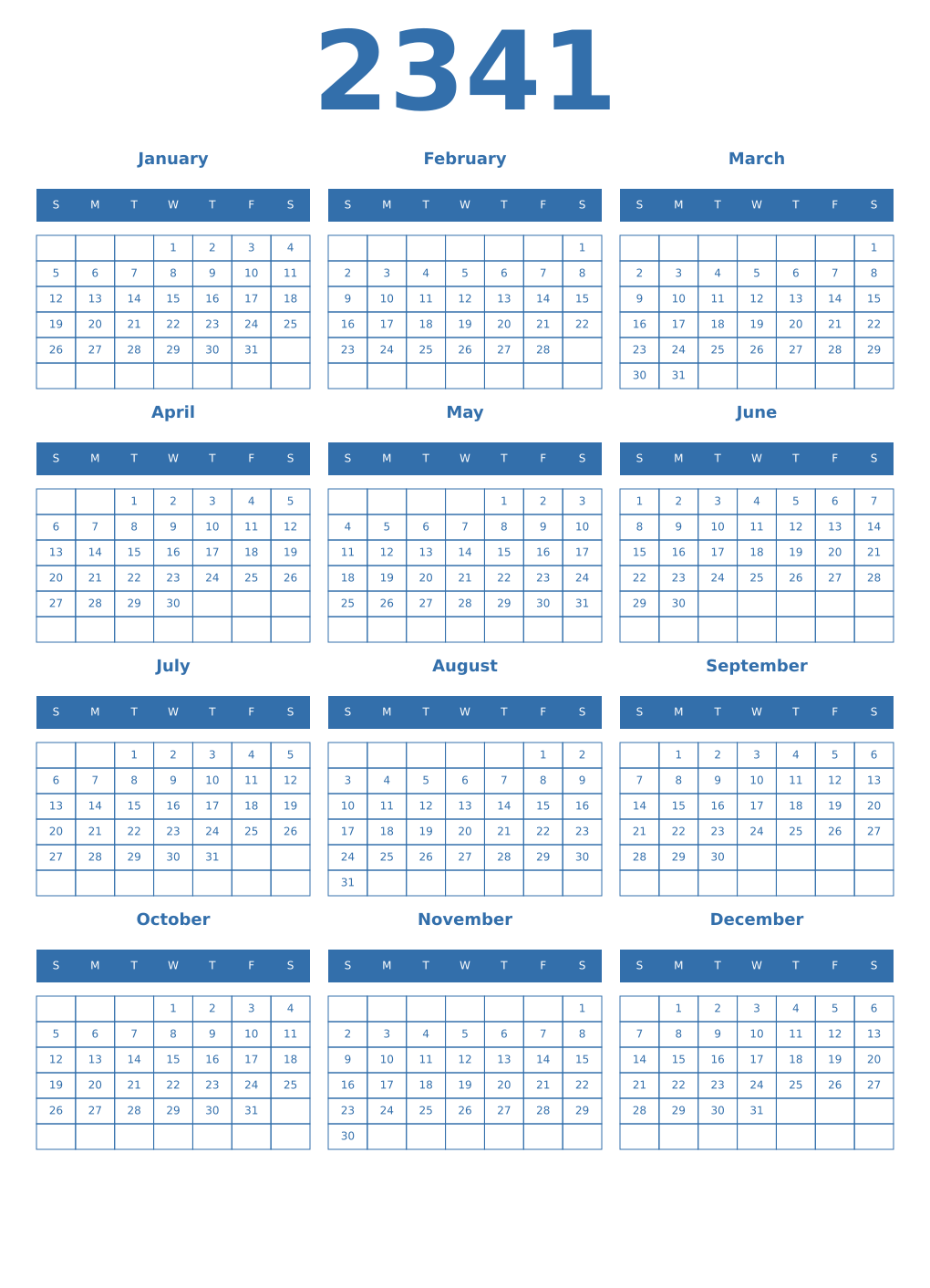 Printable 2341 Year Calendars blue