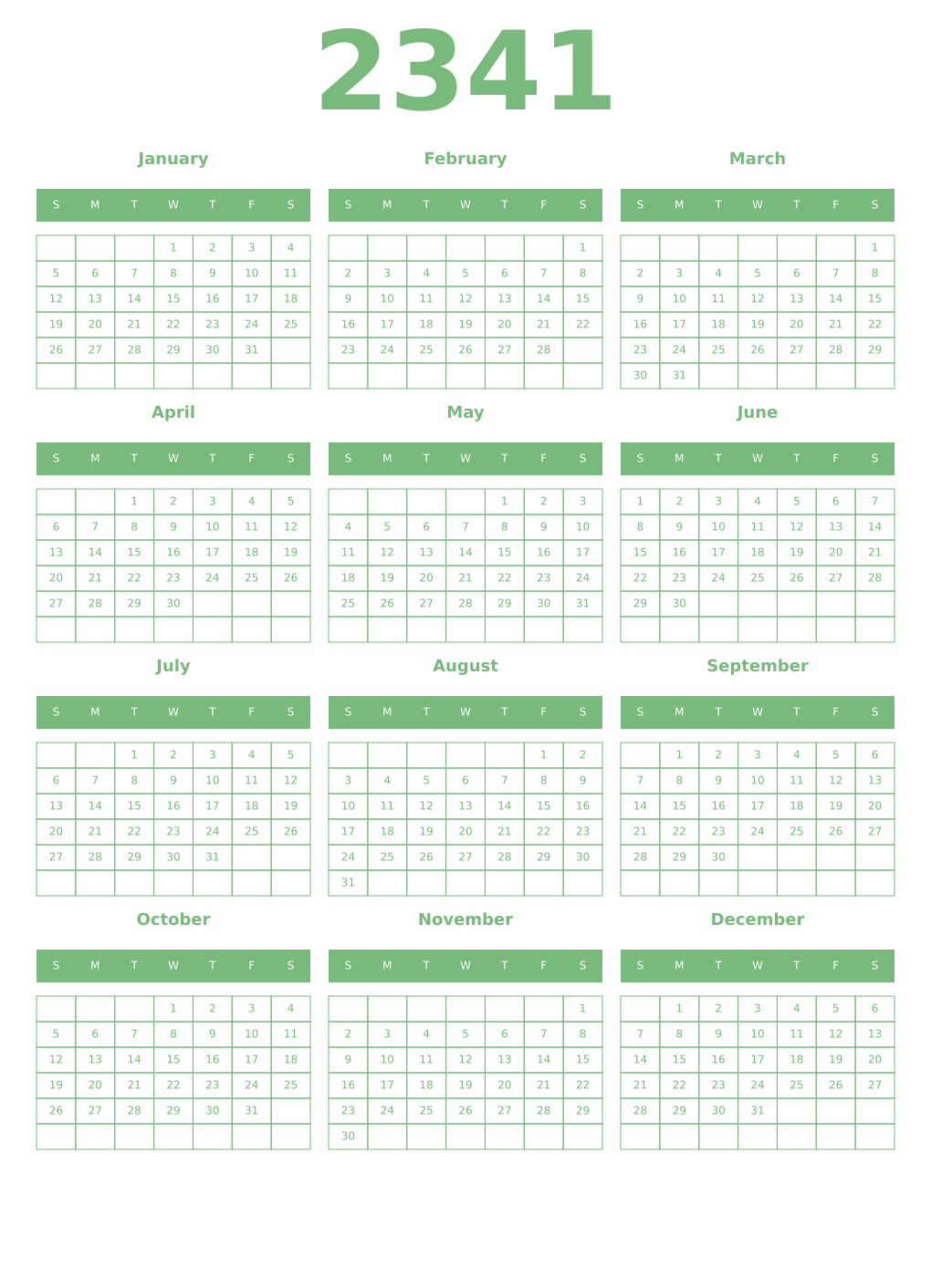 Printable 2341 Year Calendars celadon