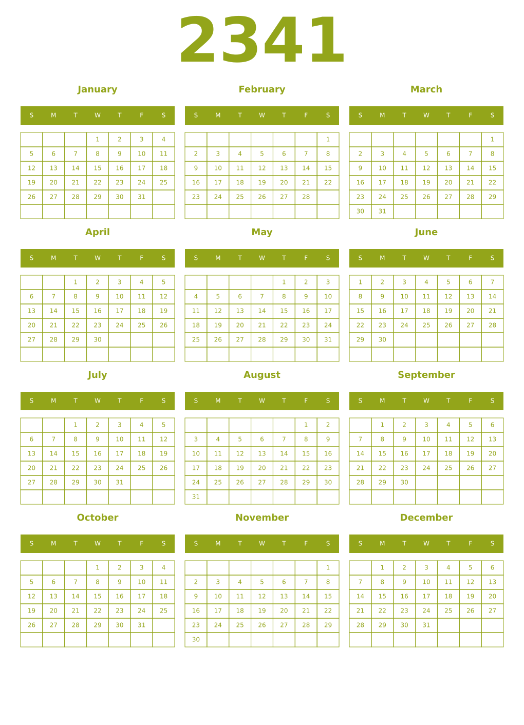 Printable 2341 Year Calendars chartreuse