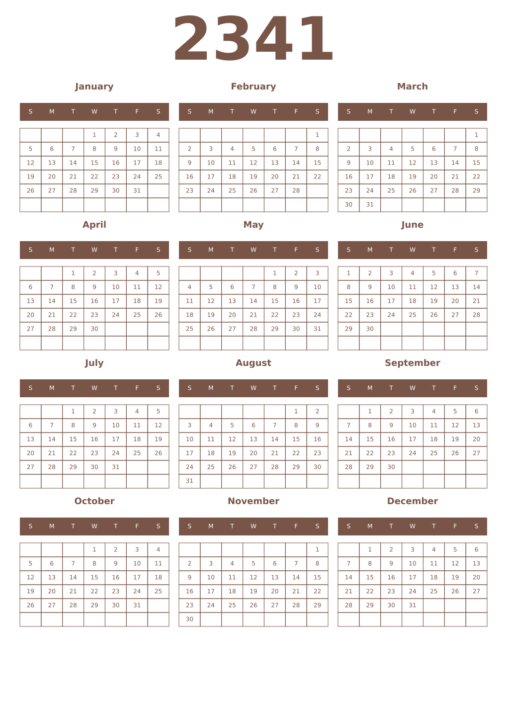 Printable 2341 Year Calendars coffe