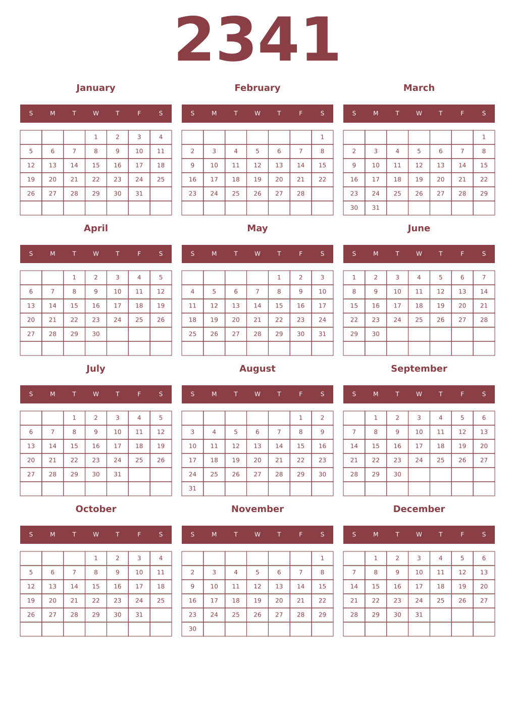 Printable 2341 Year Calendars cordovan