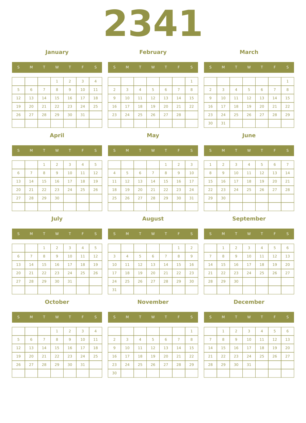 Printable 2341 Year Calendars eburnean