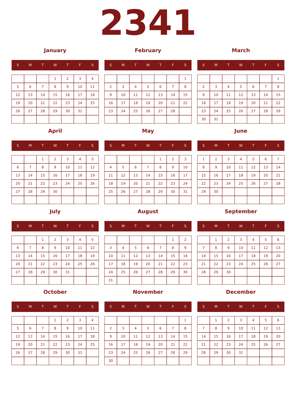 Printable 2341 Year Calendars falu