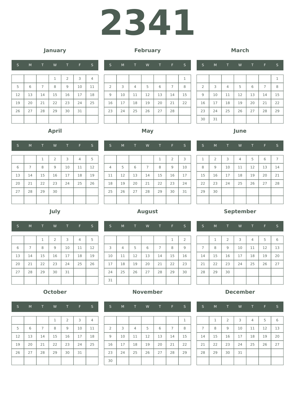 Printable 2341 Year Calendars feldgrau
