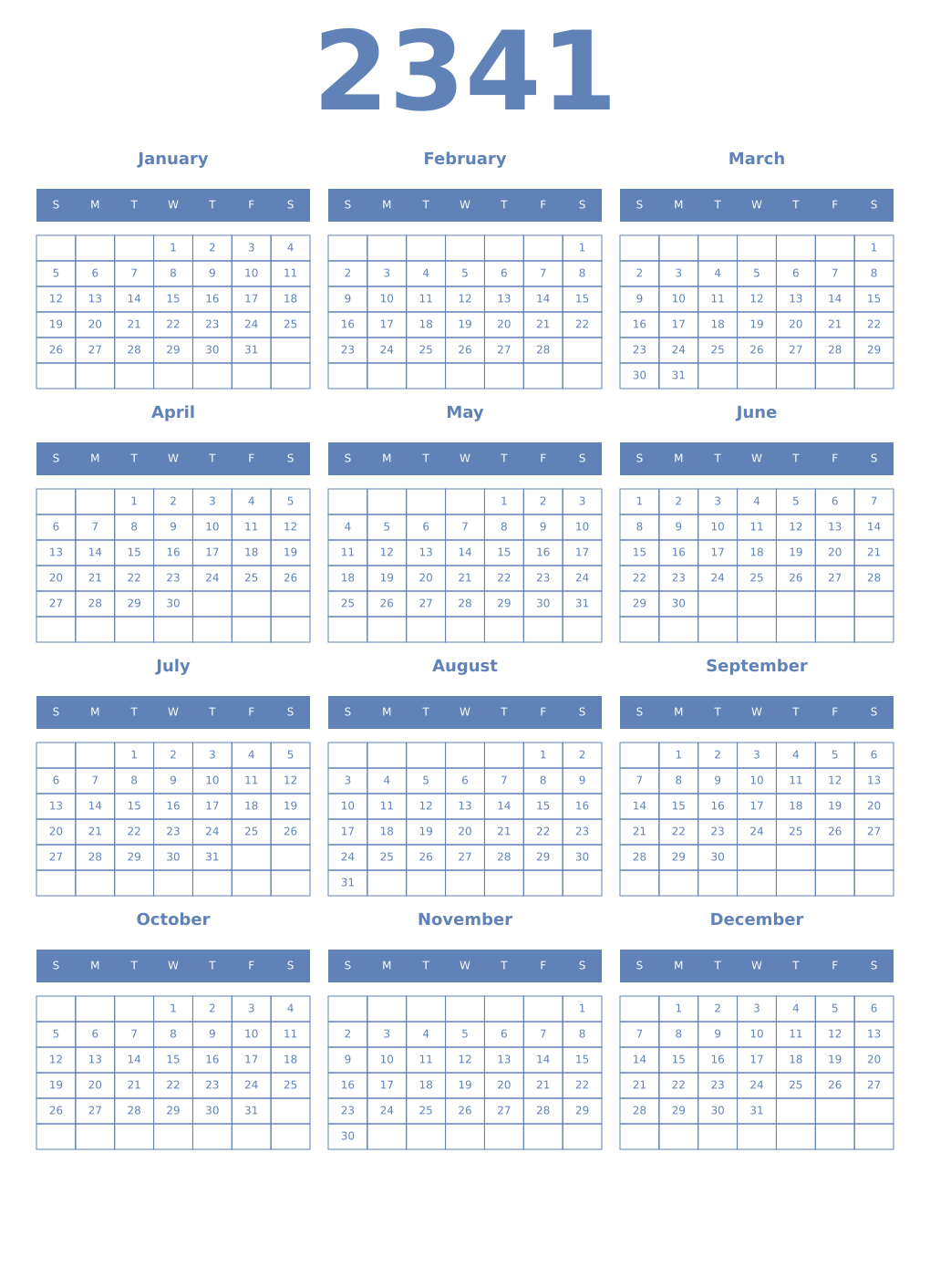 Printable 2341 Year Calendars glaucous