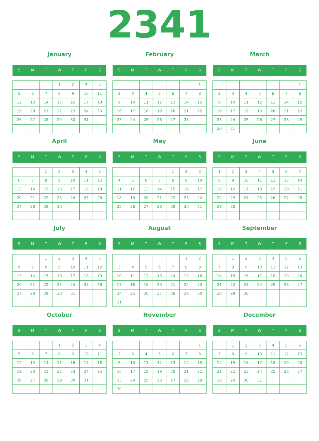 Printable 2341 Year Calendars green
