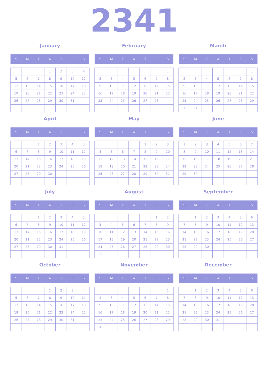 Printable 2341 Year Calendars periwinkle