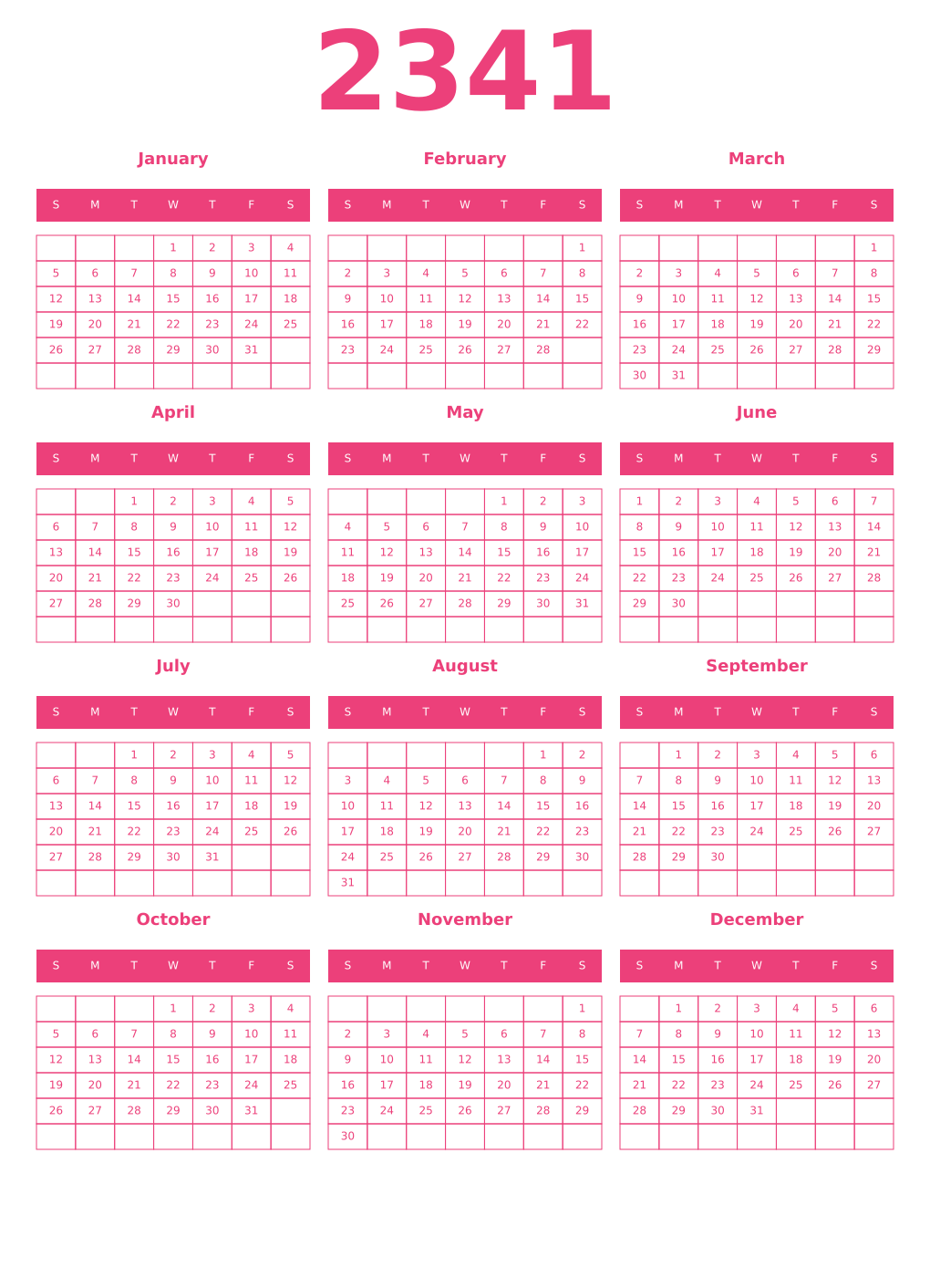 Printable 2341 Year Calendars pink