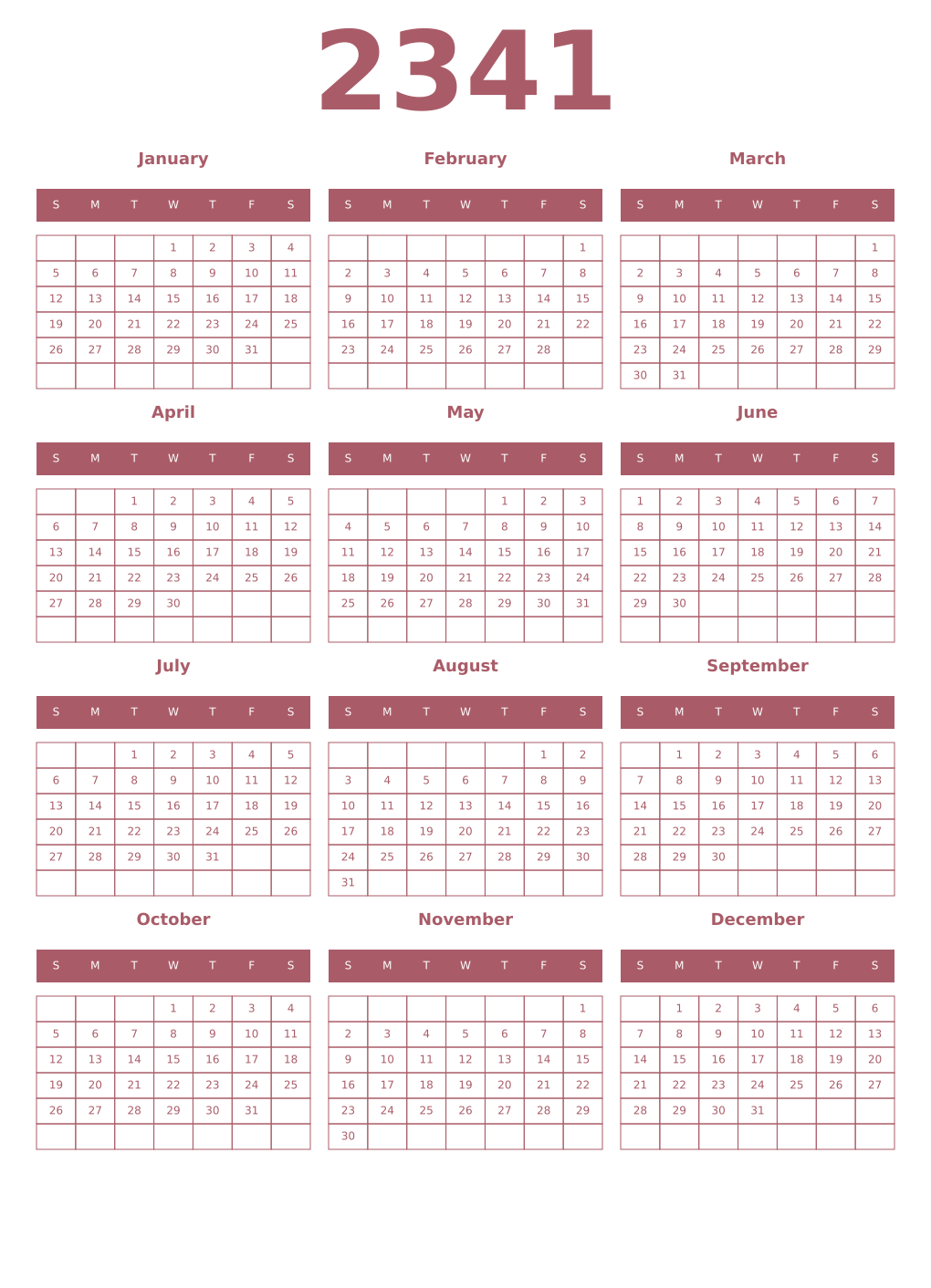 Printable 2341 Year Calendars puce