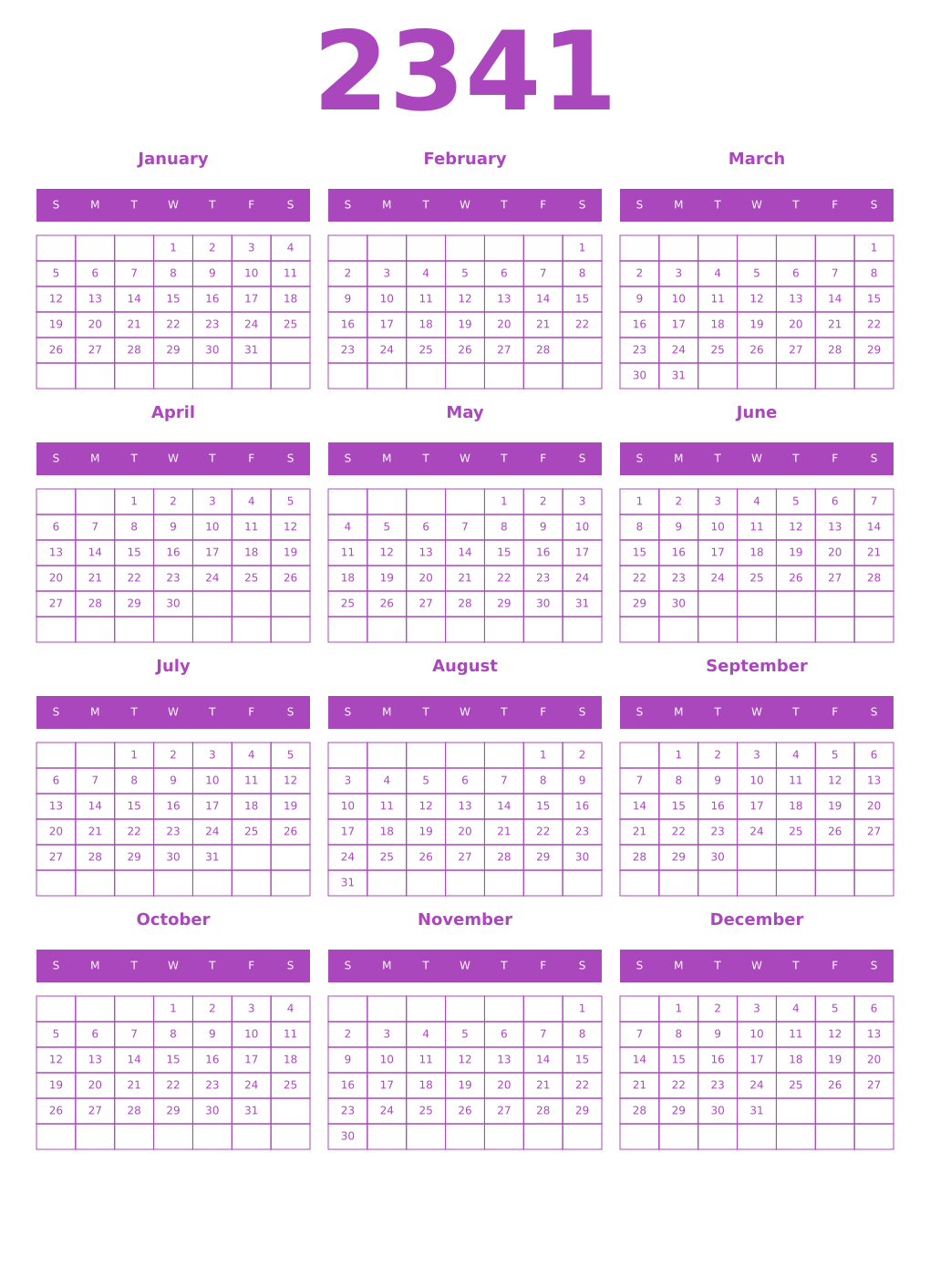 Printable 2341 Year Calendars purple