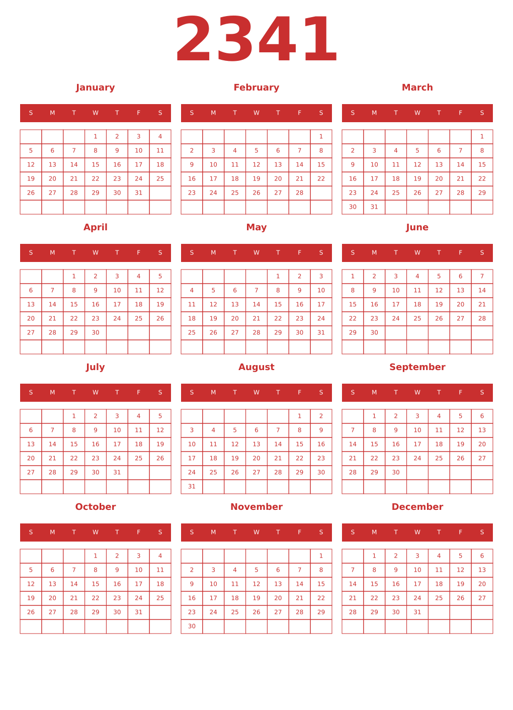Printable 2341 Year Calendars red