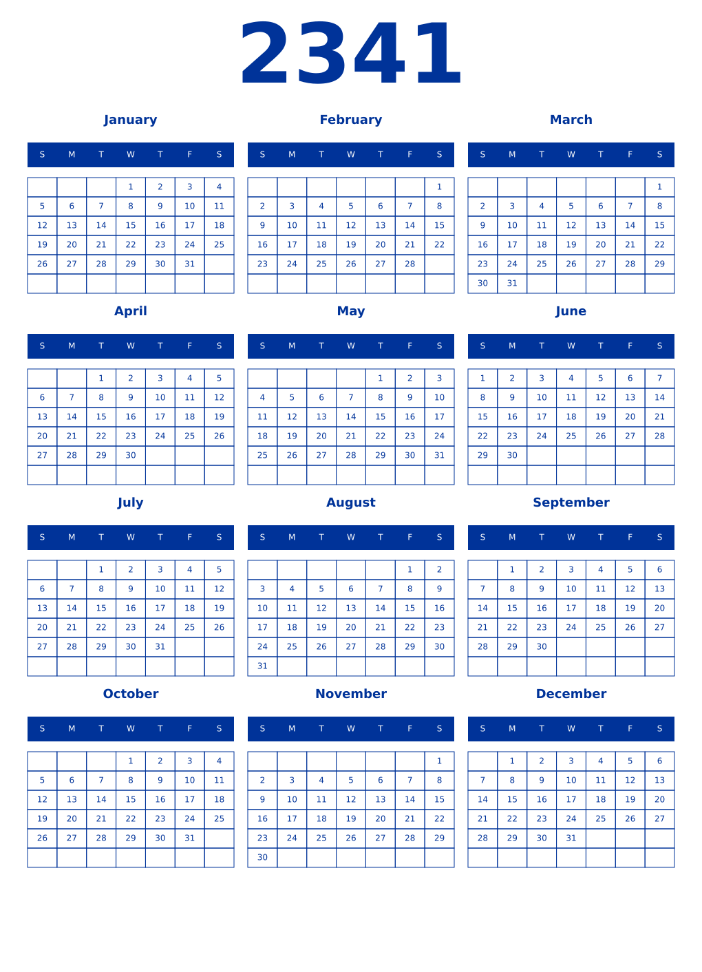 Printable 2341 Year Calendars smalt