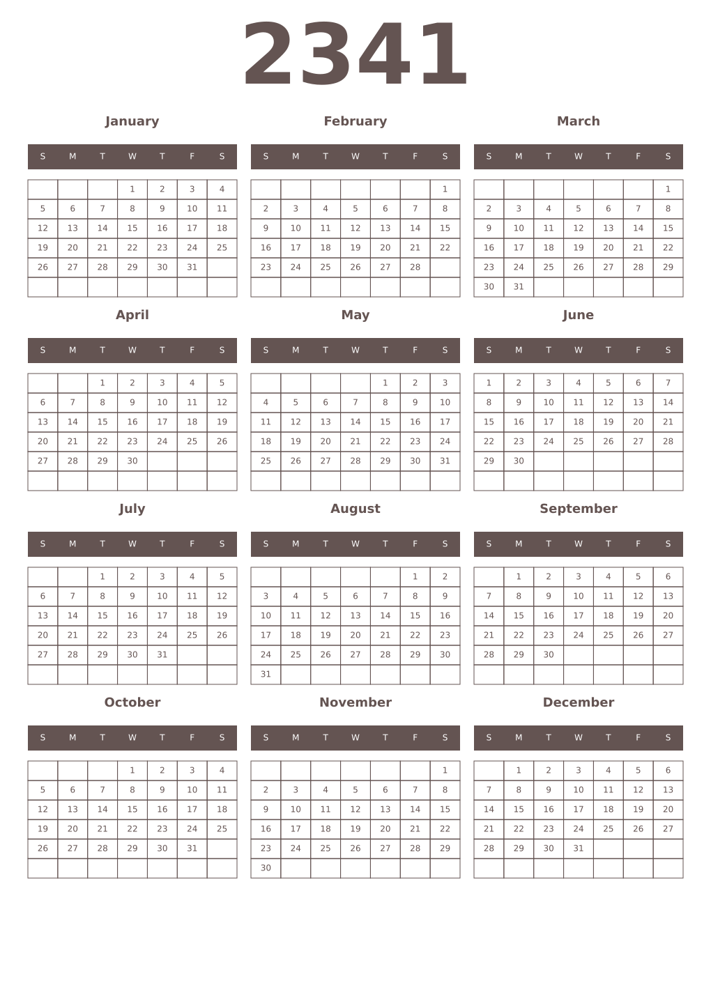 Printable 2341 Year Calendars wenge