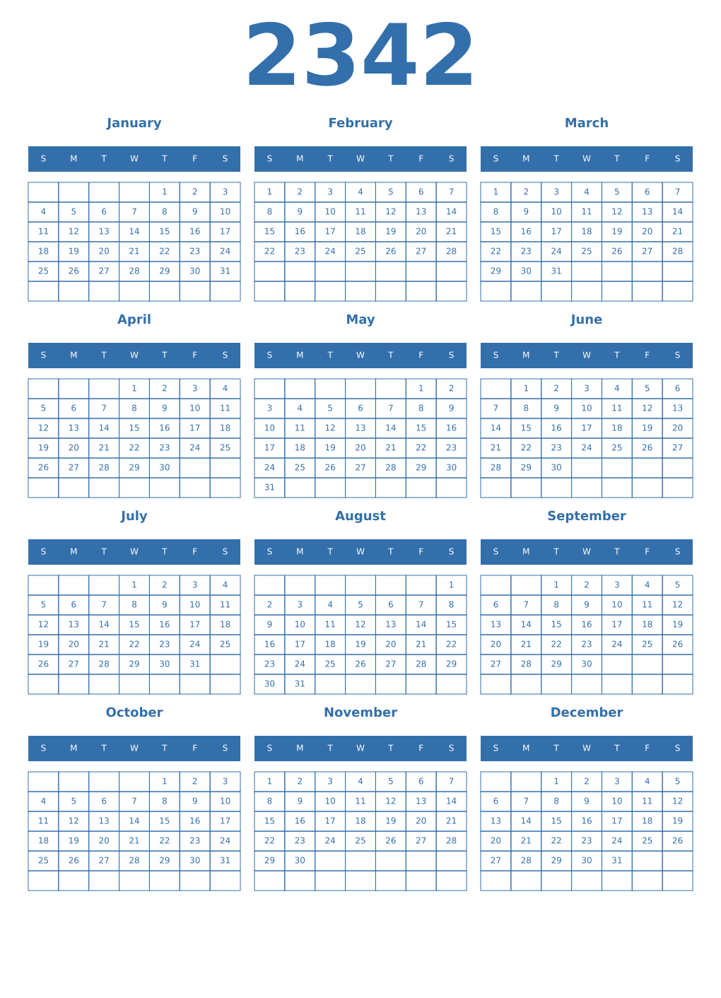 Printable 2342 Year Calendars blue